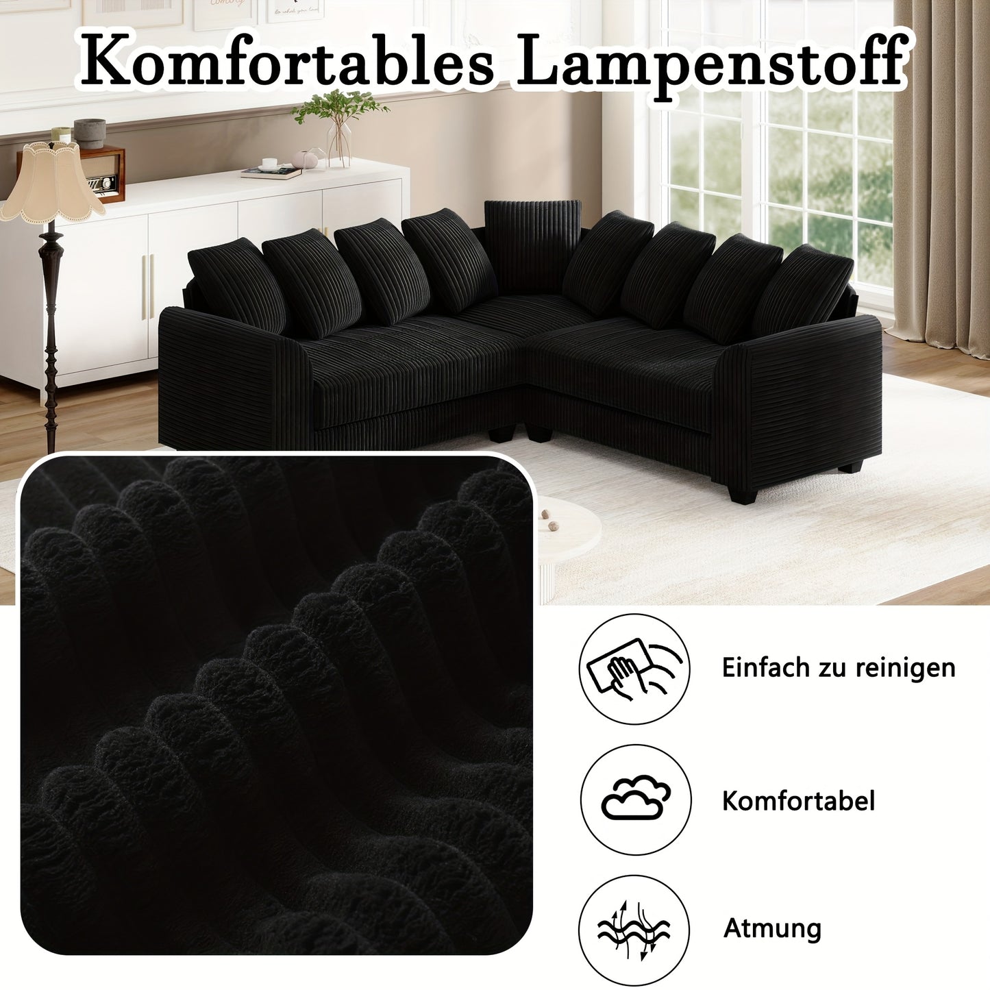 Hoekbank L-Vorm – Hoekbank Modulair – Loungebank – Sectiebank – Zwarte Corduroy Stoffering – Plush Schuim Kussens – Multifunctioneel Design