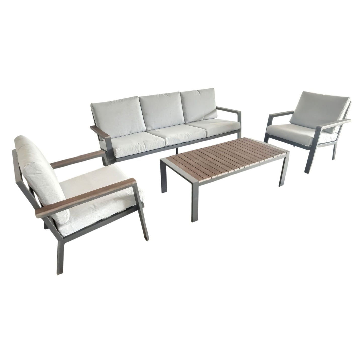 Tuinmeubelset – Loungeset – Tuinset – Zitgroep – Loungebank – Aluminium Frame – Plywood Tafelblad – 5-Zits – Afneembare Grijze Kussens