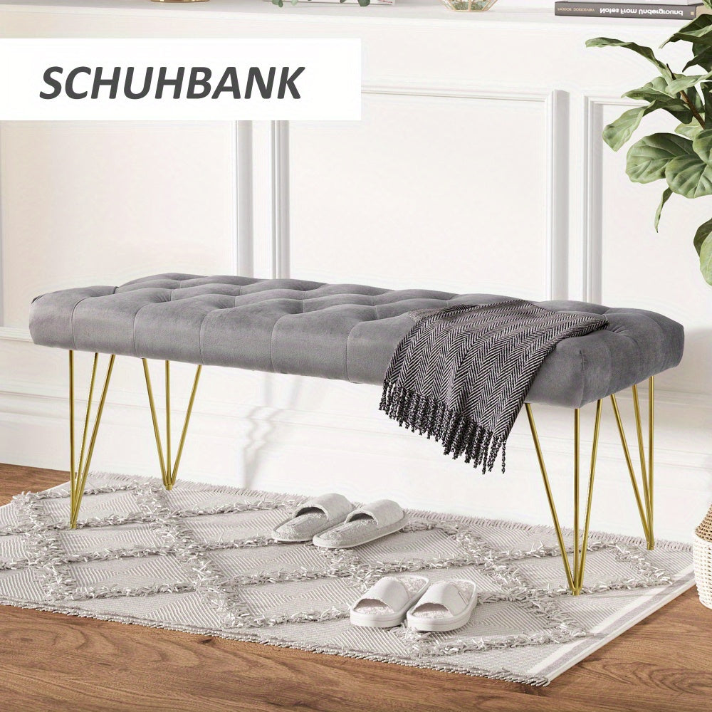 Schoenenbank – Schoenenkast – Opbergbank – Halbank – Zitbank – Fluwelen Bekleding – 116x44,5x49 cm – IJzeren Frame Met Goudkleurige Pooten