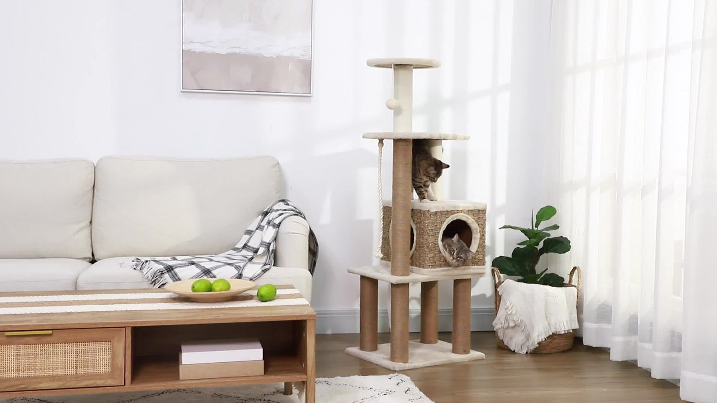 Kattenklimpaal – Krabpaal – Klimtoren – Kattenboom – Kattenhuisje – 128 cm Hoog – Duurzaam Zeegras & Zachte Pluche – Beige