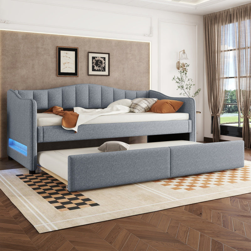 Bedbank – Slaapbank – Sofa Bed – Tagesbett – Eenpersoonsbed – Uittrekbaar Bed – Linnen Bekleding – 90x200 cm