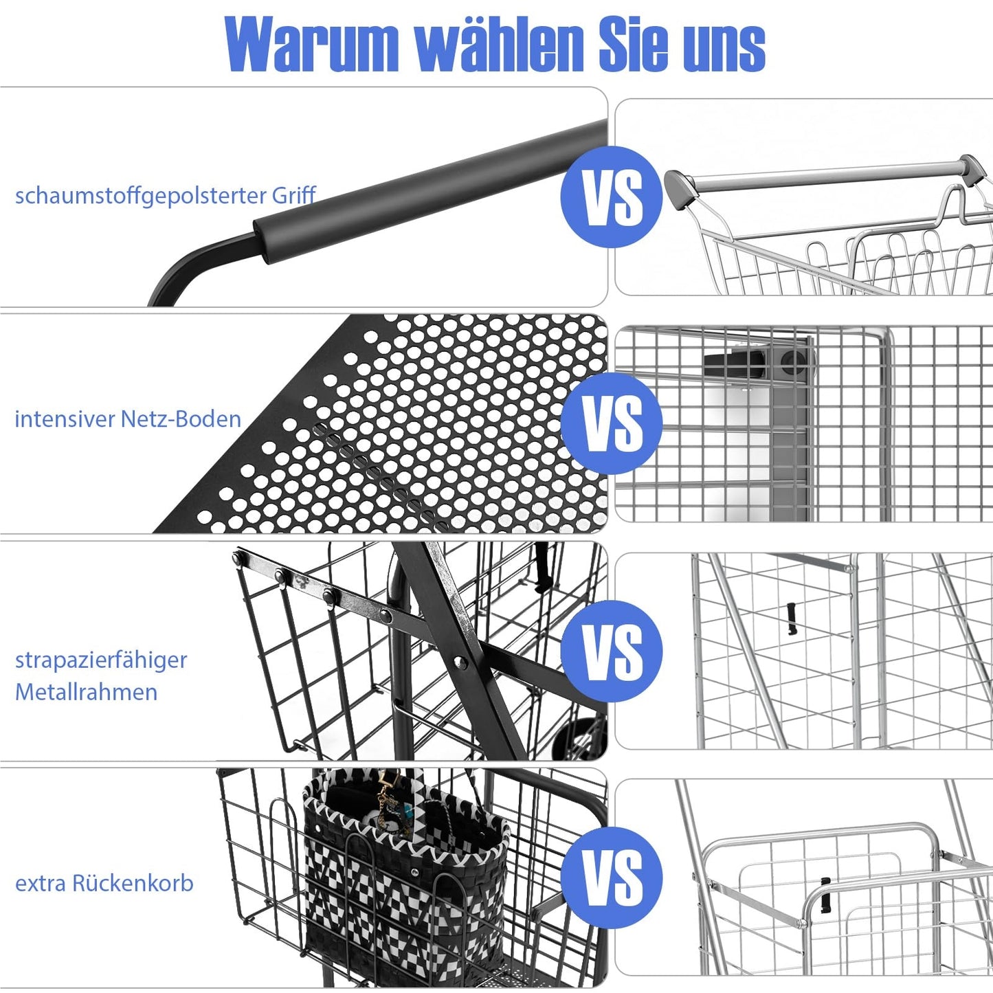 Boodschappentrolley – Opvouwbare Winkelwagen – Trolley Op Wielen – Handkar – Boodschappenkar – Zwart – Dubbele Grote Manden – Tot 150 kg Draagkracht
