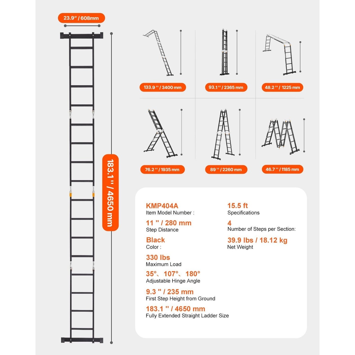 Opvouwbare Ladder – Multi Ladder – Stelling – Klapladder – Werkplatform – 7-in-1 Functionaliteit – 4,7 Meter Hoogte – Aluminium Veiligheidsladder