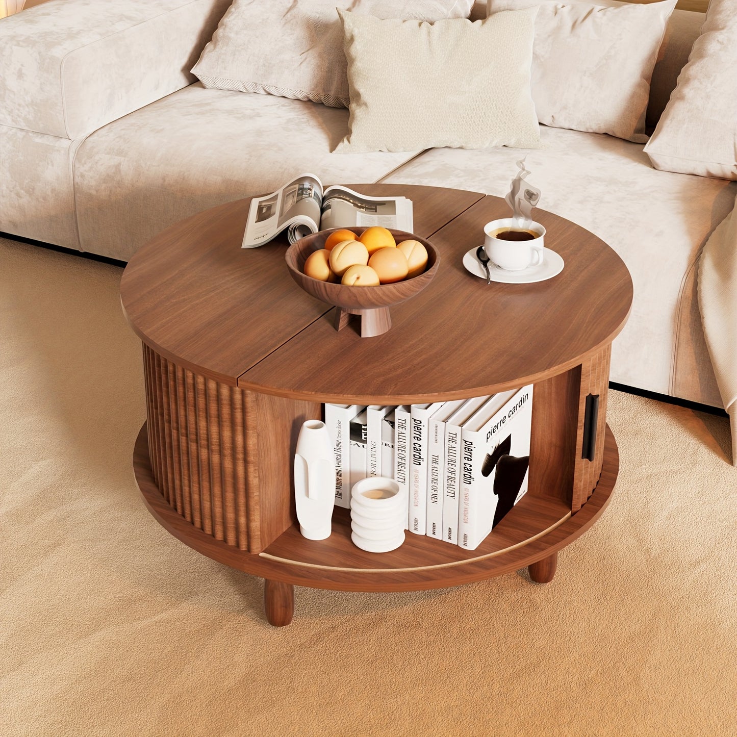 Salontafel – Koffietafel – Bijzettafel – Woonkamertafel – Tafel – Modern Rond – Verborgen Opbergruimte – Stevig Massief Hout