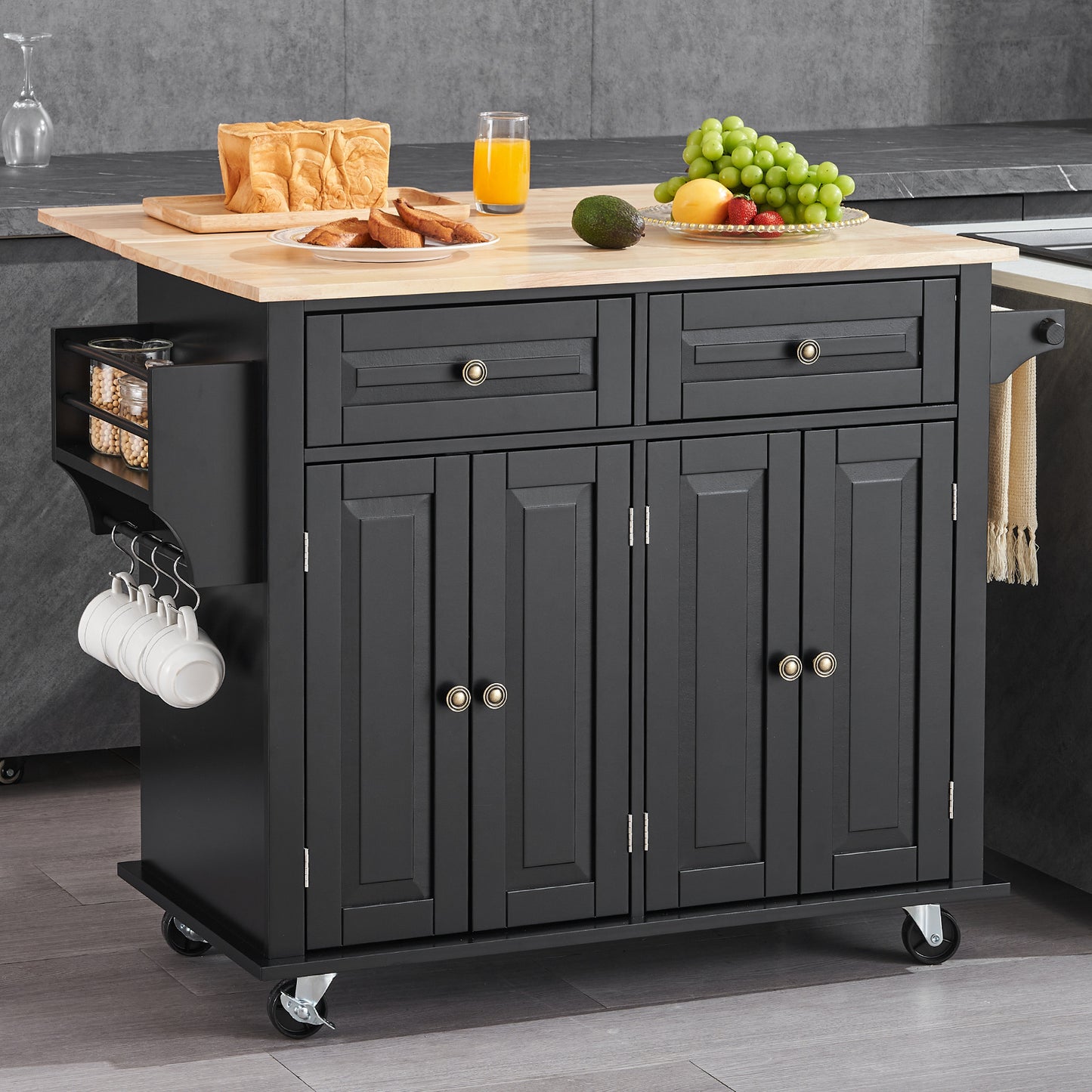 Keukenwagen – Keukenkar – Keukentrolley – Werkbank – Opbergmeubel – Verrijdbaar met Wieltjes – Massief Rubberwood Blad