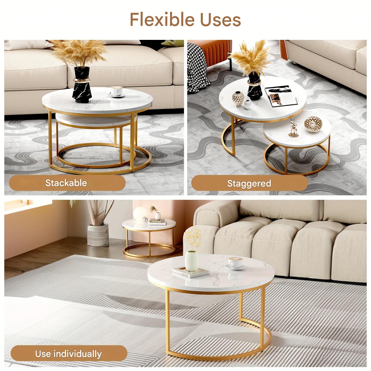 Salontafel – Koffietafel – Bijzettafel – Salon Tafel – Tafeltje – Set van 2 – Wit Marmer Tafelblad – Gouden Metalen Frame met Opbergruimte