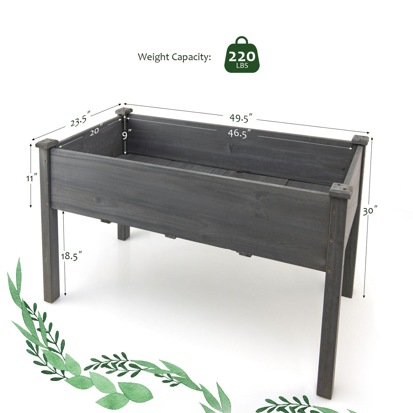 Houten verhoogde plantenbak – Raised Garden Bed – Tuinbak – Plantenbak – Kweekbak – Met waterdichte PE kashoes – 125 x 59 x 76 cm – Ergonomisch verhoogd met stevige steunen – Grijs