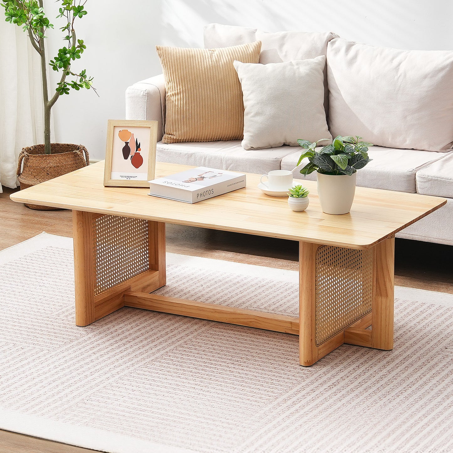 Rotan Salontafel – Rattan Tafel – Bijzettafel – Koffietafel – Rieten Tafel – Rechthoekig – Handgevlochten Rotan – Massief Houten Blad