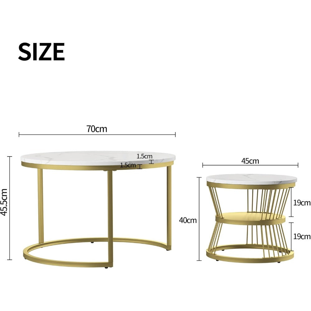 Ronde Salontafel Set – Bijzettafel – Nesting Tafels – Kleine Tafel – Laagbouw Tafels – Wit Goud – Marmerlook MDF Blad – Metaal Frame – Ruimtebesparend – Lichtgewicht