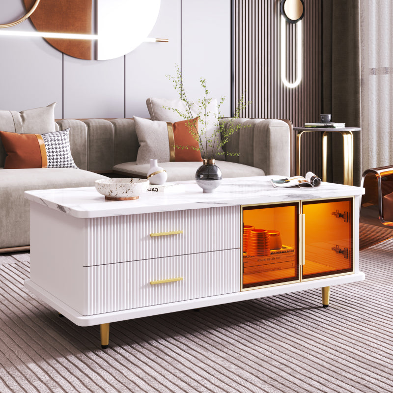 Salontafel – Koffietafel – Bijzettafel – Lounge Tafel – Woonkamertafel – Marmerprint Tafelblad – Gouden Accenten – Opberglades met Golvend Patroon – Getemperd Glas – Hoogwaardig Spaanplaat
