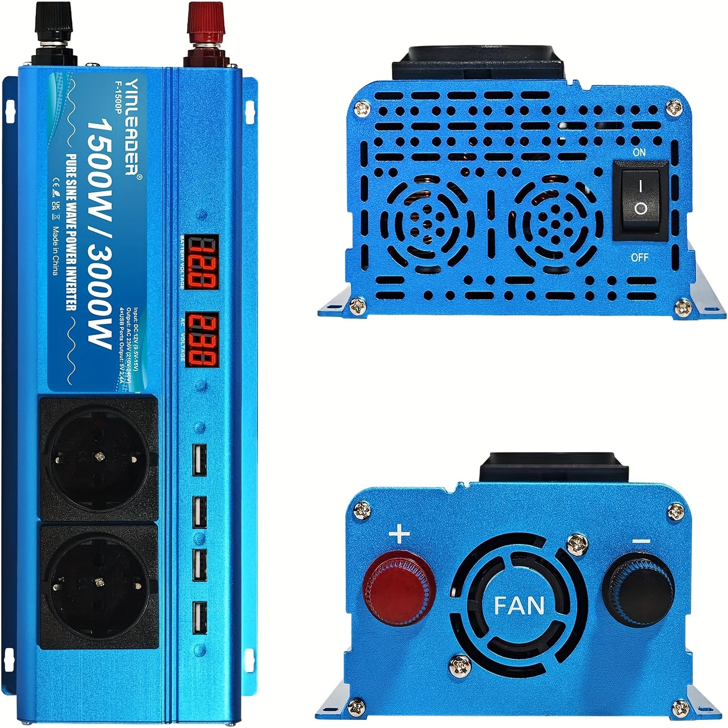 Zuivere Sinusomvormer 12V naar 230V – Power Inverter – Spanningsomvormer – Stroomomvormer – Camping Stroomvoorziening – 300W Continu, 600W Piekvermogen – 2 EU Stopcontacten & 4 USB Poorten – Actieve Koeling – Blauw