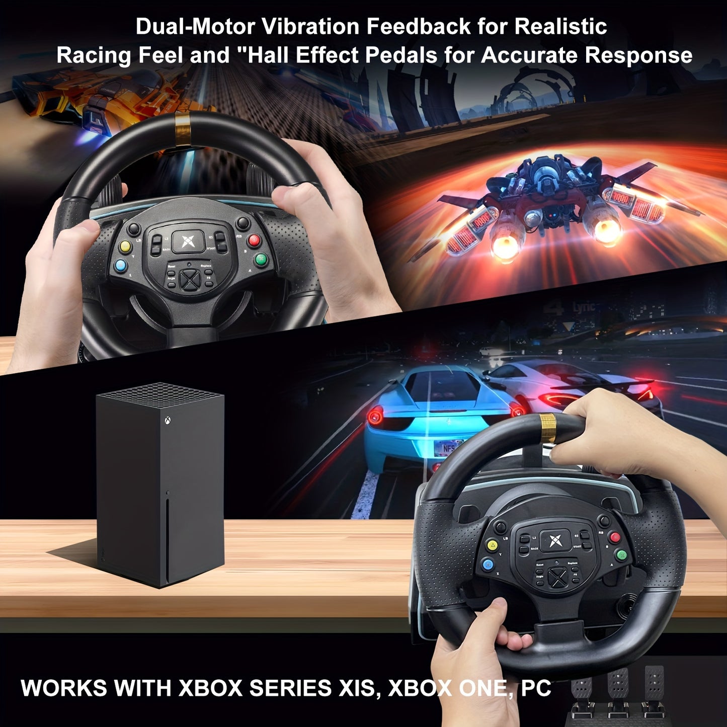 Racestuur – Racewheel – Gaming Stuur – Racestuur Set – Stuur Met Versnellingspook – Metalen Hall-Effect Pedalen – Dual Vibratiefeedback – Zwart