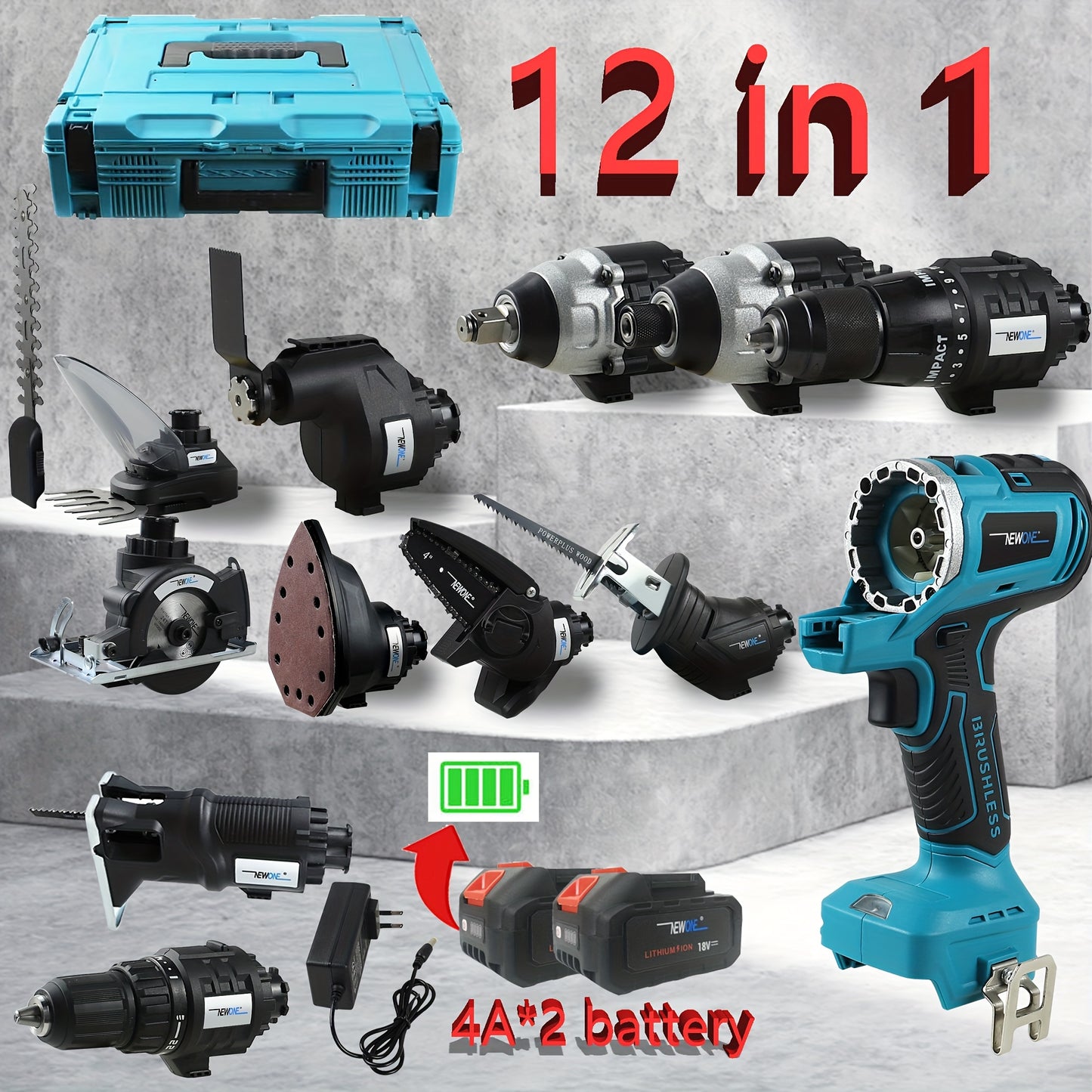 Multifunctionele Accu Boormachine – Klopboormachine – Cirkelzaag – Bandschaar – Multitool – 18V Lithium-Ion – 12 Opzetstukken – Compact & Krachtig