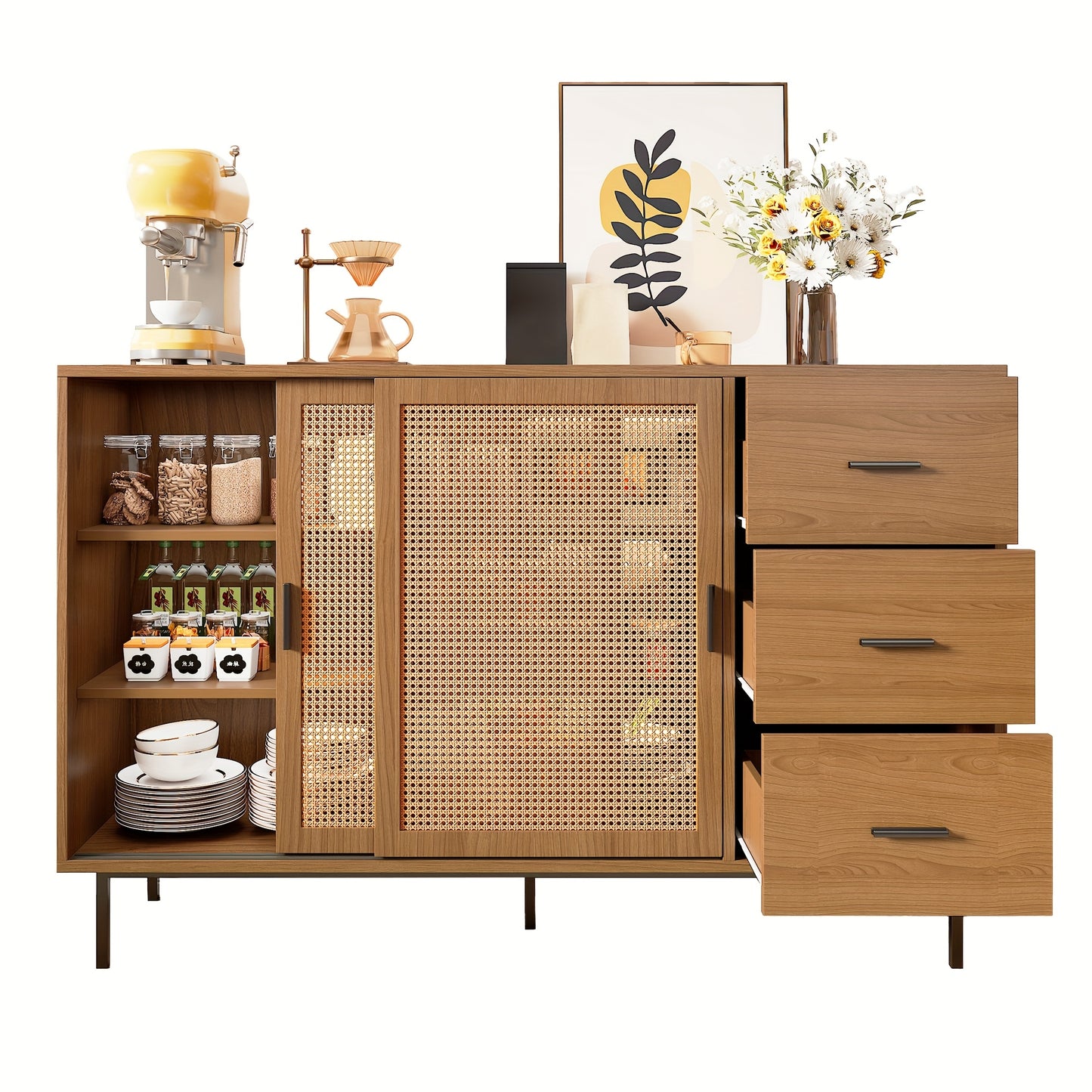 Rustic Modern Metal with 2 Sliding Doors & 3 Drawers - Adjustable Shelves, Freestanding/Dining Room Sideboard, Space-Saving Design (140x91x37cm) - No-Wood Furniture in Neutral Tones for Apartments, Farmhouse, or Contemporary