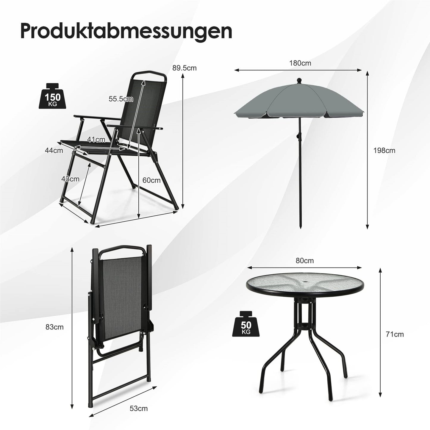 6-delige Tuinset – Tuinmeubelset – Balkonset – Buitenset – Lounge Set – Inklapbare Stoelen – Tafel Met Gehard Glas – Grote Kantelbare Parasol 180 cm – Zwart + Grijs