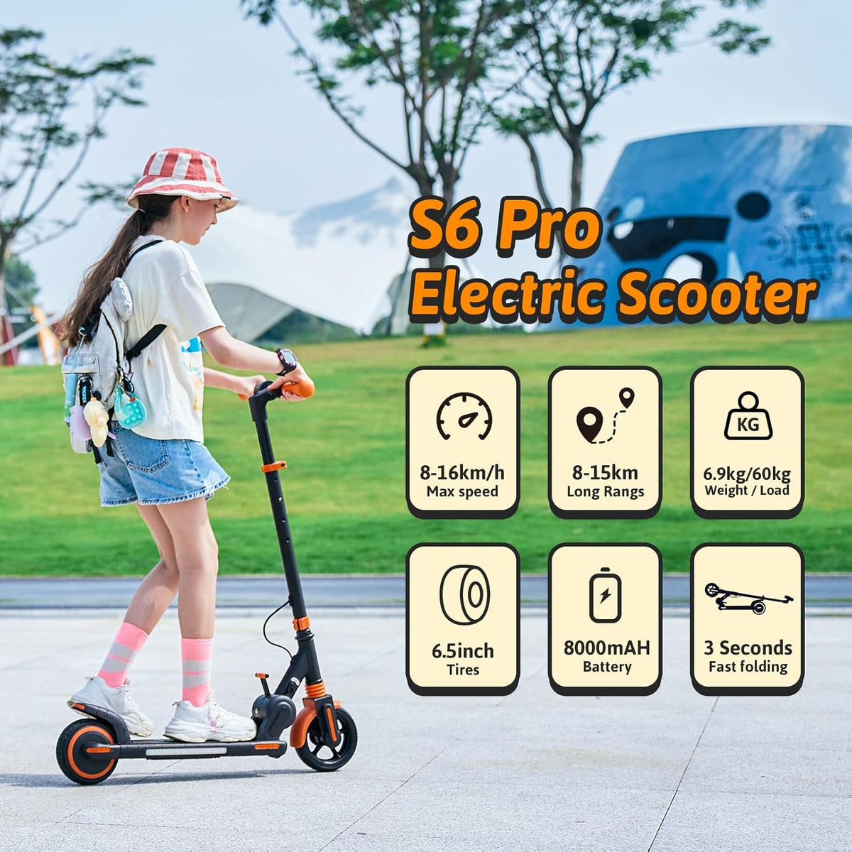 Kinderstep - Elektrische Step - Elektrische Step voor Kinderen - van 6-14 jaar - met 5Ah - 6.5 inch Banden - 15km Bereik - LED-display - 150W Motor - met Kleurrijke LED-verlichting - 4-Hoogtes Verstelbaar - Oranje