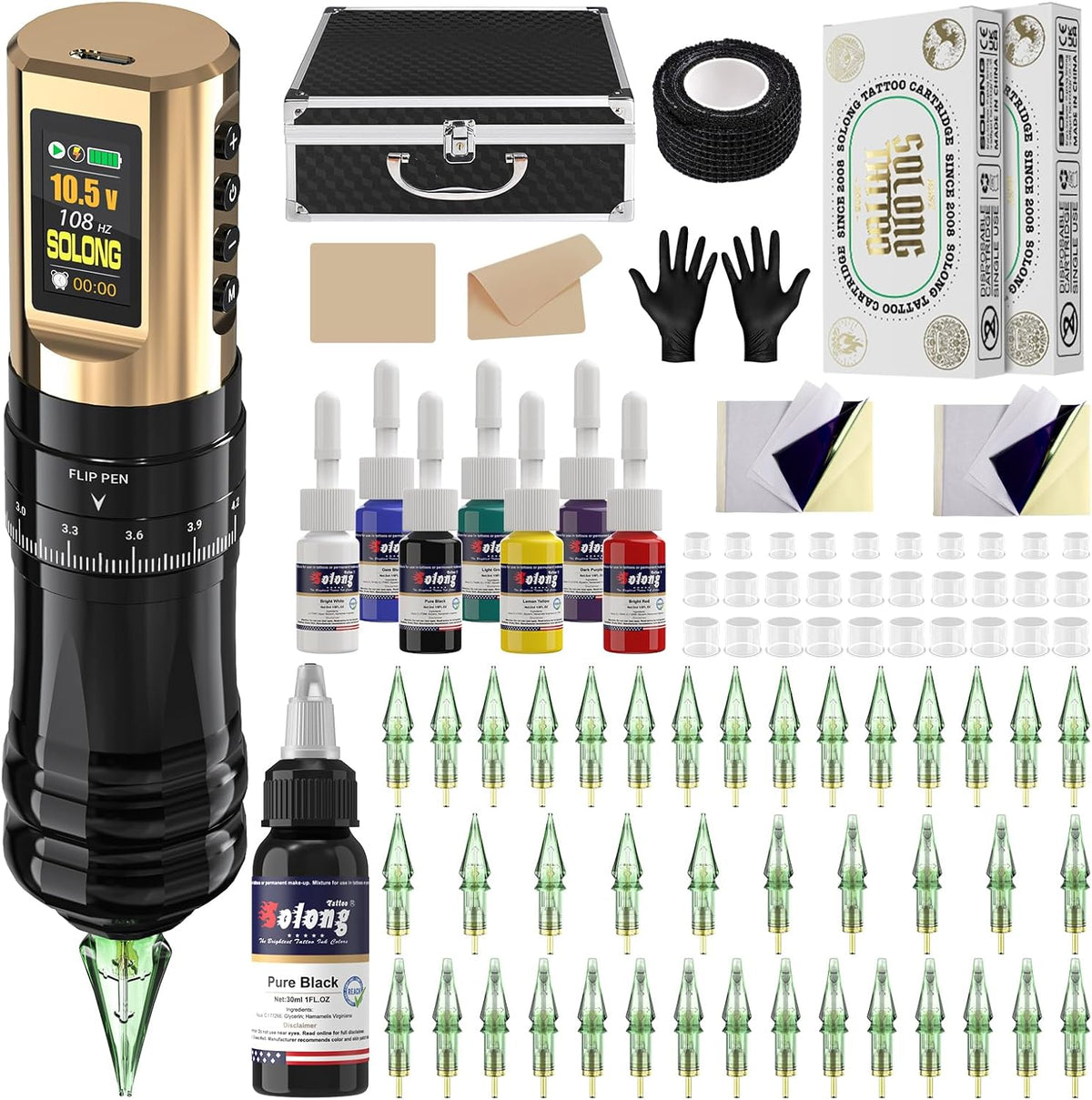 Professionele Draadloze Tattoo Pen – Rotary Tattoo Machine – Tattoo Gun – Tattoo Set – Tattoo Kit – LCD Display – 1800mAh Batterij – 40 Wegwerp Naalden – 8 Inktflessen