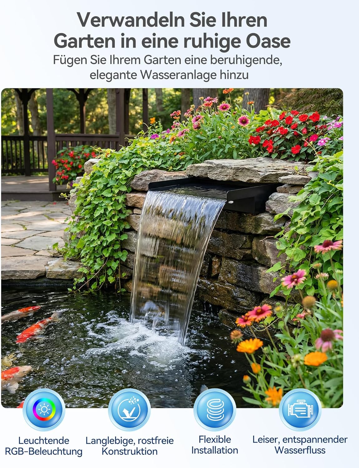 POPOSOAP Vijverwaterval met pompset, waterval-overloop van roestvrij staal 304 met 40 W pomp (660 GPH), vijveroverloop met 9,8 voet lange golfbuis voor de tuin (60 cm)