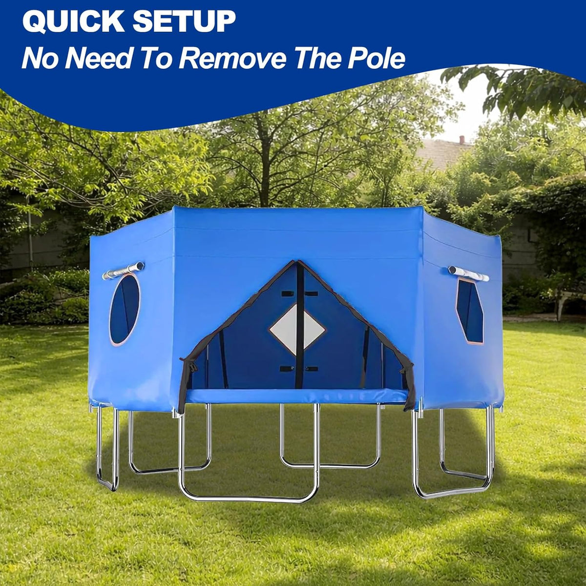 Trampoline Tent 427 cm Overkapping Afdekking, Trampoline Dak Accessoire voor Rechte Stangen met 6 Stangen, Bescherming tegen Zon en Wind, Geschikt voor Outdoor Gebruik (Blauw)