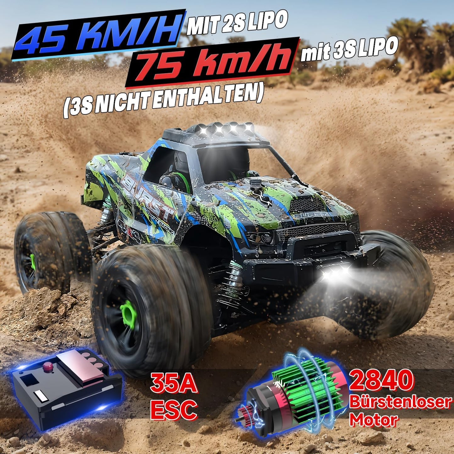 Op Afstand Bestuurde Auto – RC Auto – 1:14 Racer – Offroad Truck – Speelgoed Auto – 4WD Borstelloze Motor – 75+ km/u Snelheid – Dubbele Accu's