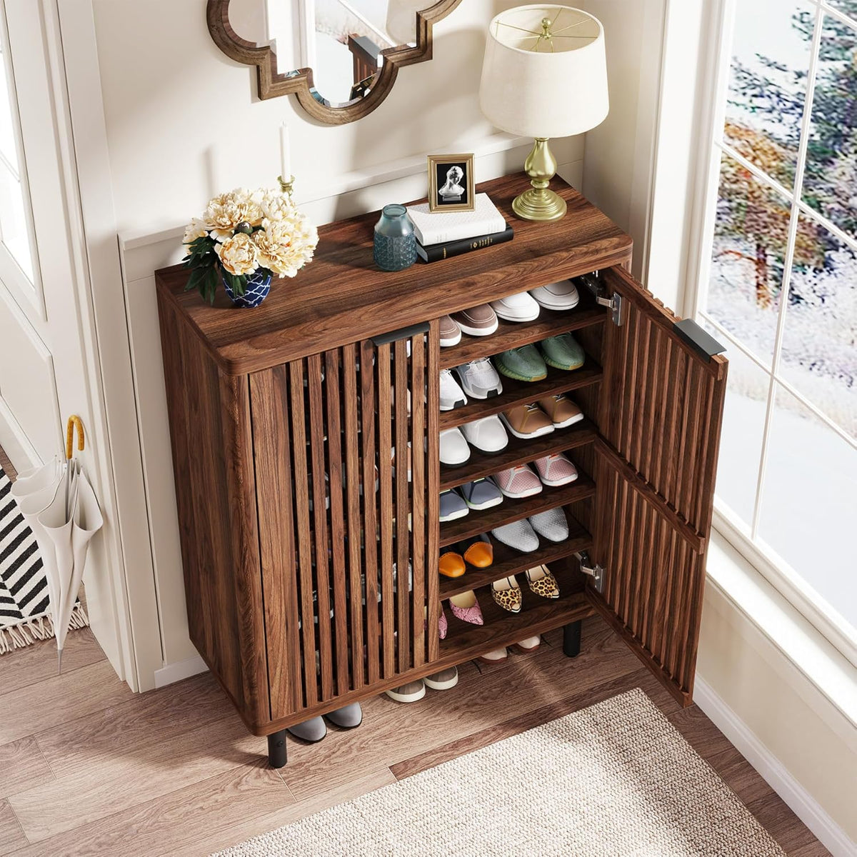 Tribesigns 6 Tier Shoe Cabinet with Canopy Doors, Large Wooden Shoe Storage Cabinet with Adjustable Shelves, Modern Freestanding Shoe Organizer Cabinet for Entrance, Hallway (Walnut)