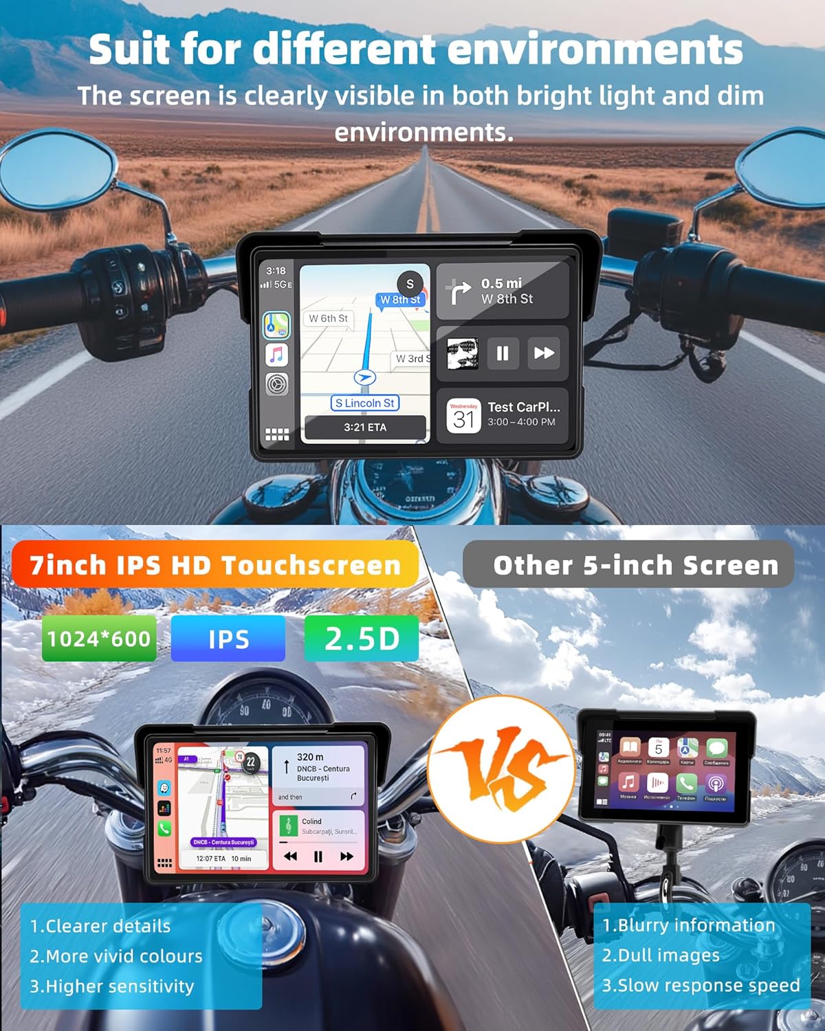 Jansite Carplay 7 inch (17,7 cm) Carplay, Con Supporto BMW, IPS motorfiets, display, navigatieapparaat voor motorfietsen met dubbele Bluetooth, Siri/G-oogle Assistant, IP67 waterdicht scherm