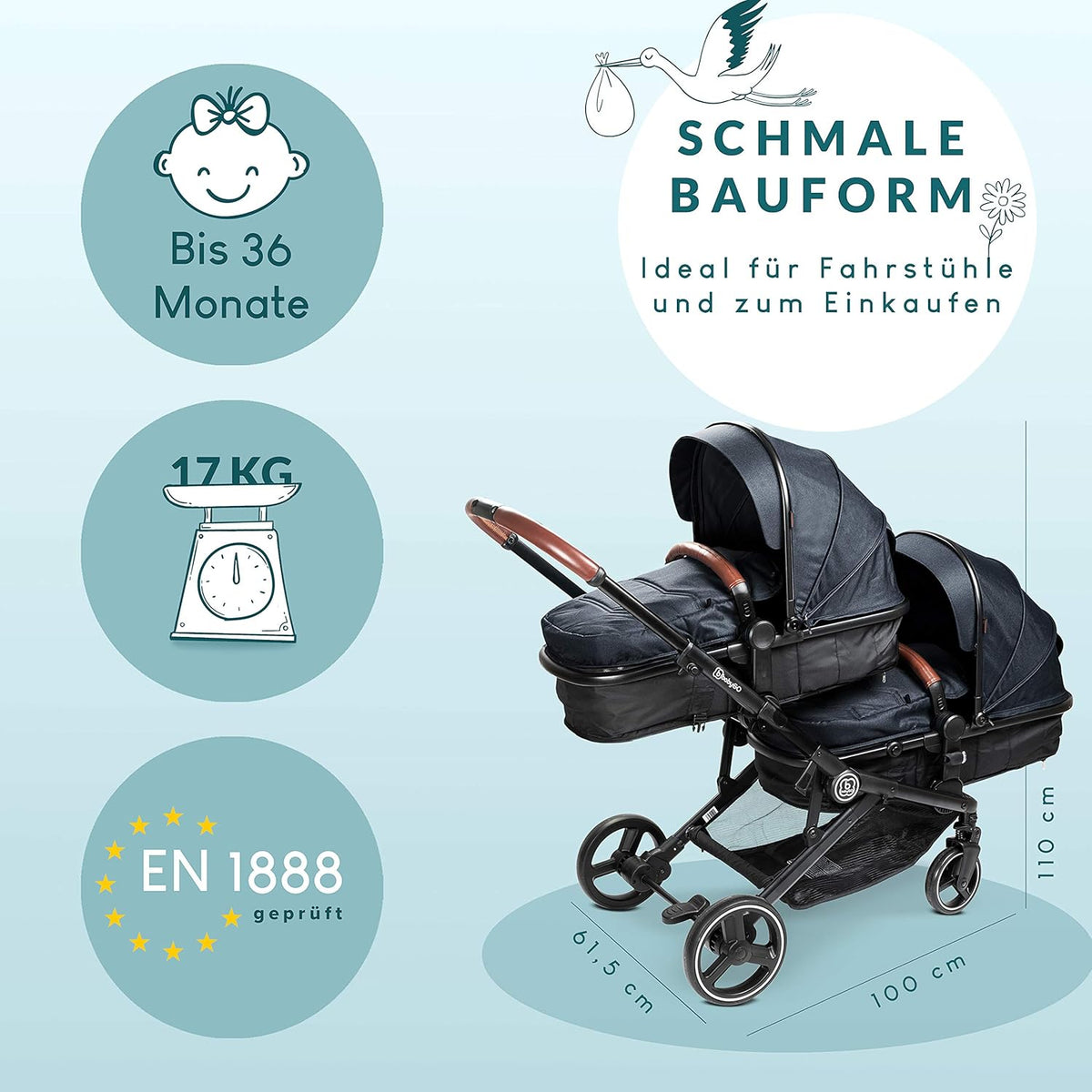 babyGO Kinderwagen 3-in-1 voor tweelingen, kinderwagen, broers en zussen voor baby's, dubbele kinderwagen/dubbele kinderwagen voor 2 kinderen, met veel accessoires (grijs, antraciet gemêleerd, zonder