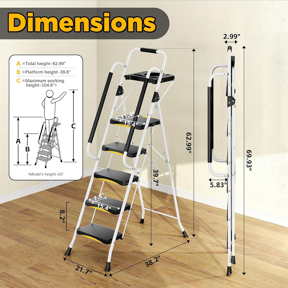 5-traps ladder met gereedschapsbak, opvouwbare stalen opstapkruk met veiligheidsslot en leuning, brede antislip pedalen, 150 kg draagkracht, draagbare ladder voor keuken, kantoor, thuis