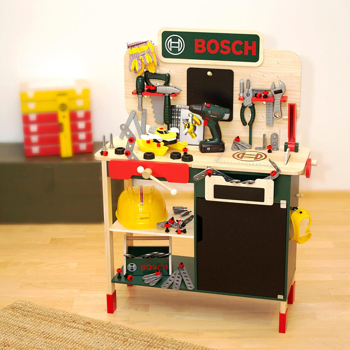 Theo Klein 8734 Bosch houten werkbank I Stevige kinderwerkbank, in hoogte verstelbaar I Elektrische accuboormachine, gereedschap met licht- en geluidseffecten I Speelgoed voor kinderen vanaf 3 jaar