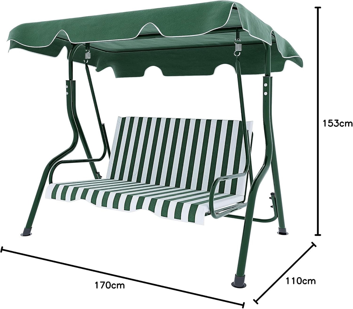 Schommelbank 3-zits met verstelbaar zonnedak, gevoerd kussen, robuust frame van gelakt staal, voor buiten, tuin, balkon, terras, zwembad, 170 x 110 x 153 cm (groen gestreept)
