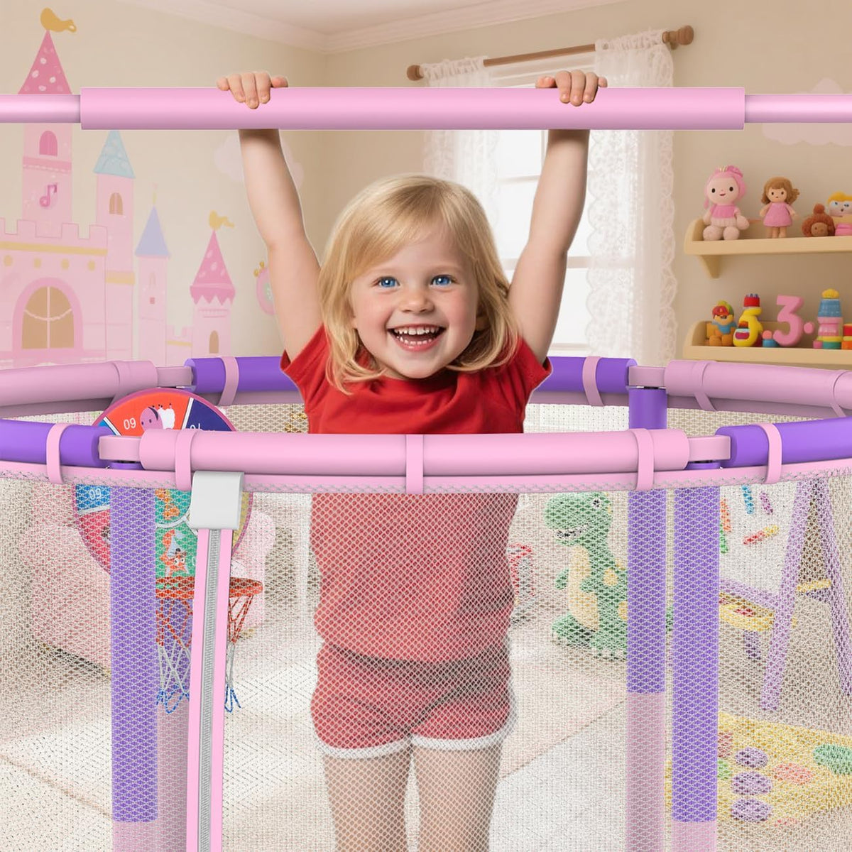 Kindertrampoline, kindertrampoline voor buiten, binnen en buiten, beschikbare trampoline, met veiligheidsnet, mand, stang, schommel, cadeau voor kinderen