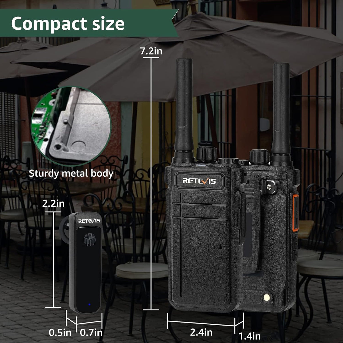 Retevis RB637 Bluetooth-walkie-talkie, bidirectionele radio met draadloze Bluetooth-hoofdtelefoon, type-C 2000mAh, VOX, zaklamp, draadloos exemplaar, PMR-walkie-talkie voor restaurant (zwart, 2 stuks)
