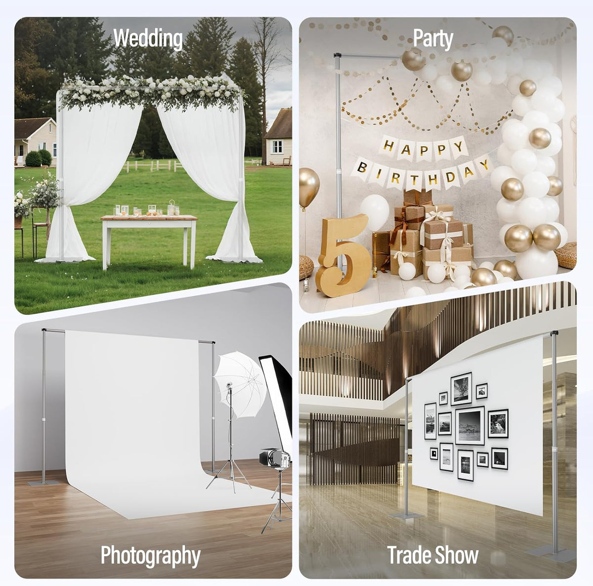 EMART Fotoachtergrondstandaard 3 x 3 m met metalen stalen basis voor fotografie, video, studio, bruiloft, feest, zilverkleurig