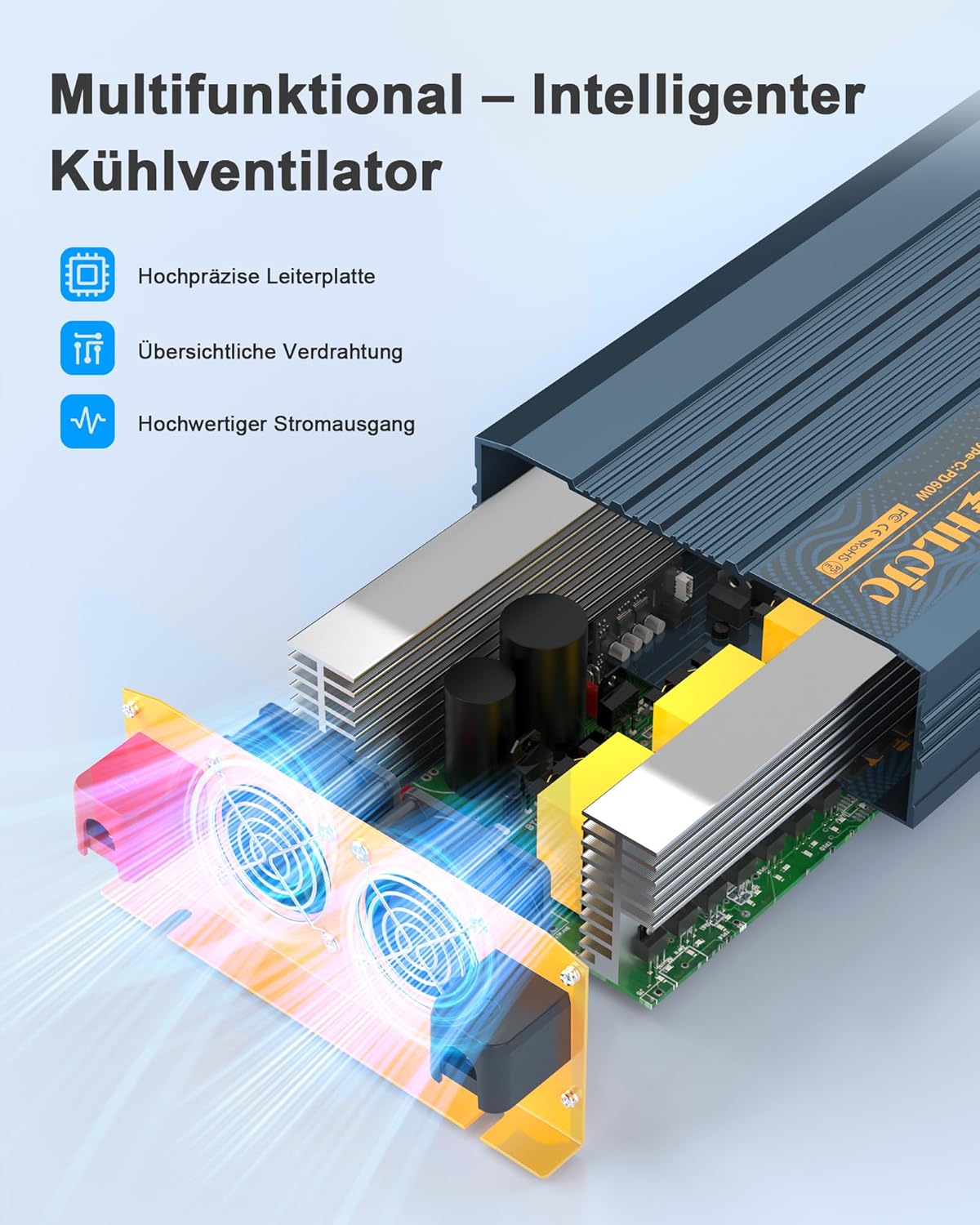 Spanningsomvormer, 3000 W24 V, zuivere sinusomvormer, 24 V naar 230 V, met 2 EU-stopcontacten, 1 x USB-C, 3 x USB-A, snelladen, lcd-display voor camper, vrachtwagen, auto