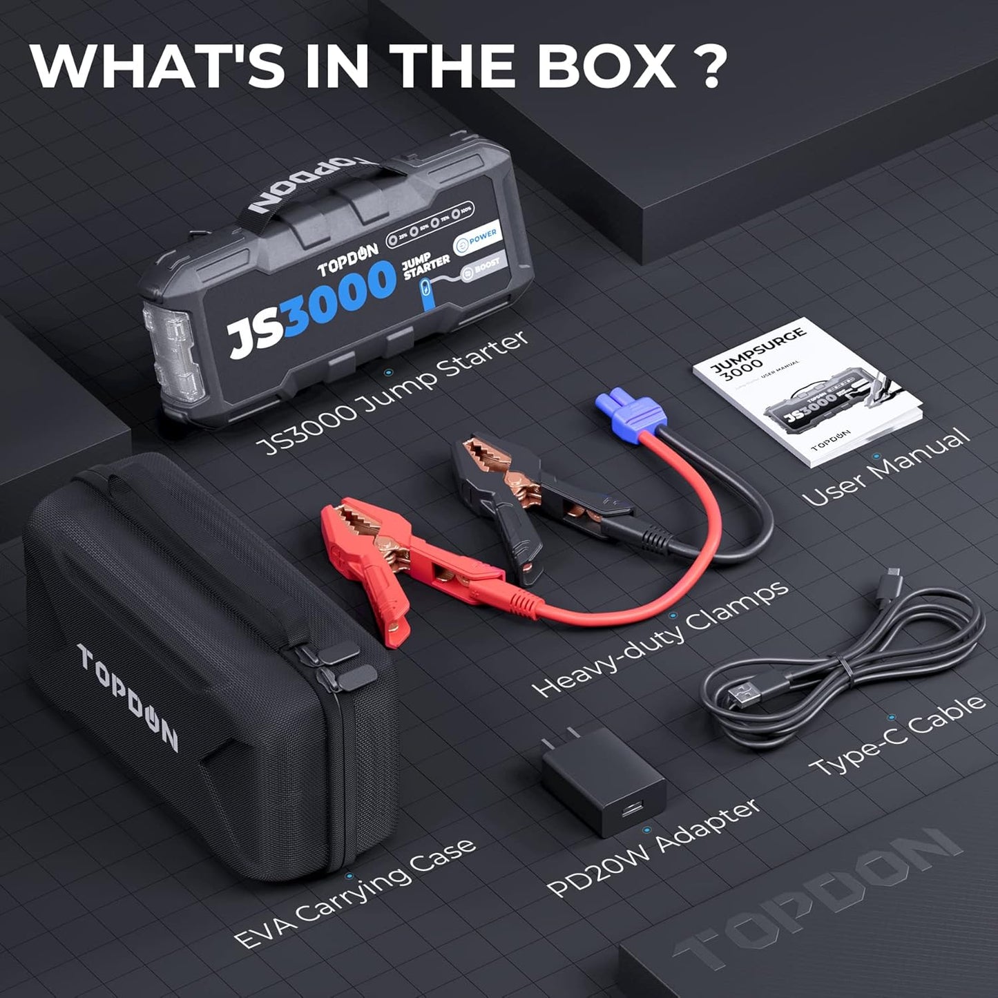 Jump starter voor 12V voertuigen – Auto starthulp – Booster – Accubooster – Startbooster – 3000A Piekstroom – 24000mAh Capaciteit