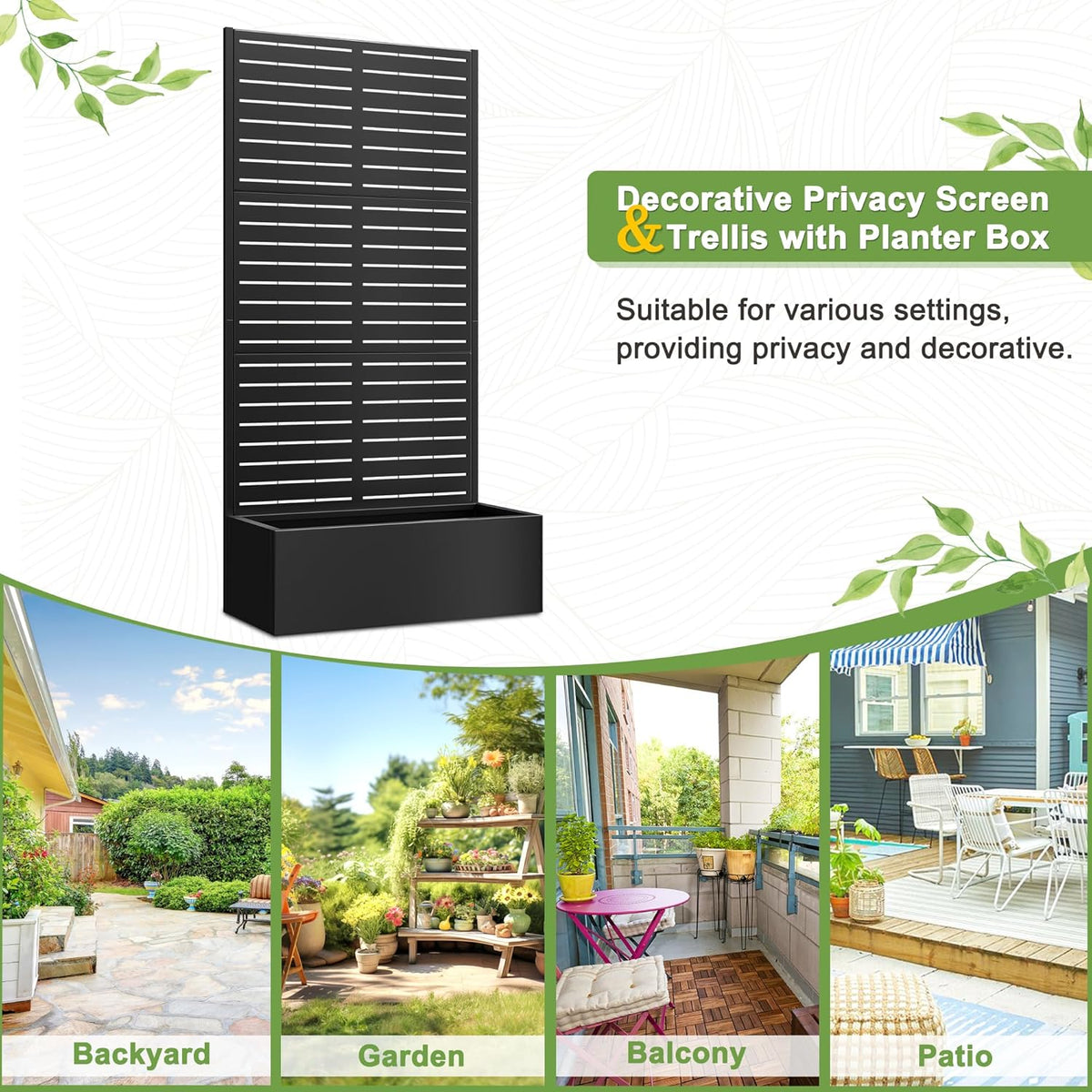 FENCY Metal Raised Garden Bed with Trellis, Metal Planter with Trellis, Garden Box for Climbing Plants Vegetable, 89 cm (L x W x H) Metal Garden Bed with Drainage Holes (Black Louvre) - QUORE