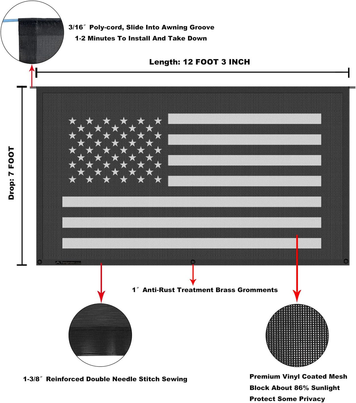 Tentproinc RV luifel zonnescherm 7' X 12' 3'' (Amerikaanse vlag) zwart gaas zonnescherm camper trailer luifel schaduwscherm UV-blokker voltooide kits
