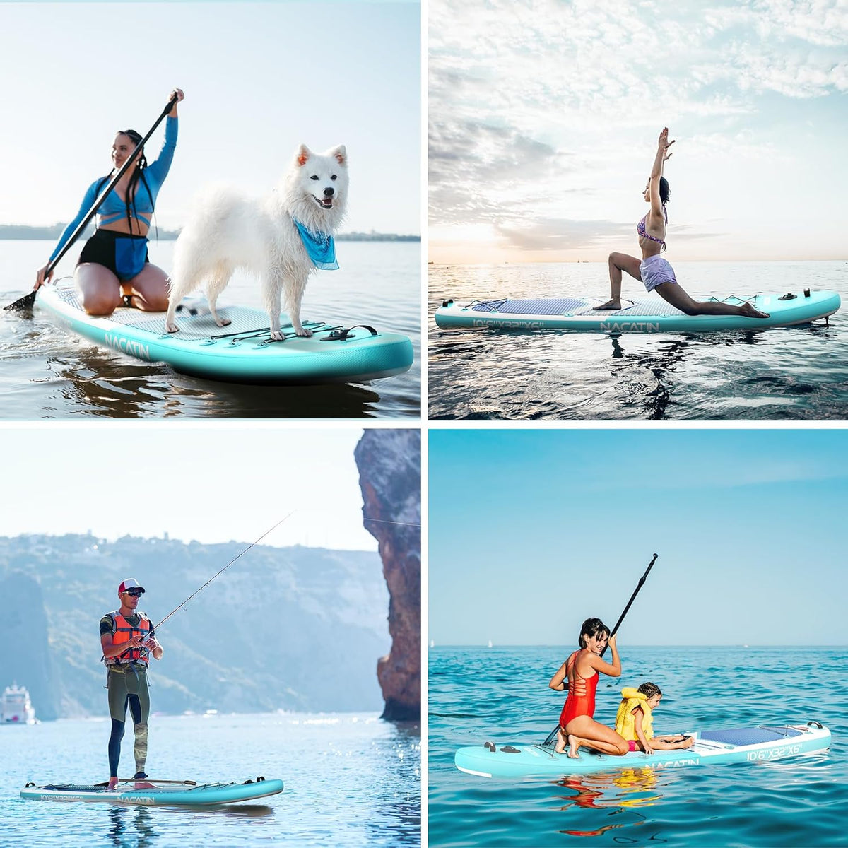 NACATIN Opblaasbare Paddle voor volwassenen, 25,6 cm, stand-up paddle, opblaasbaar, met verstelbare peddel, pomp, rugzak, waterdichte tas, ideaal voor alle vaardigheidsniveaus (optionele kajakstoel