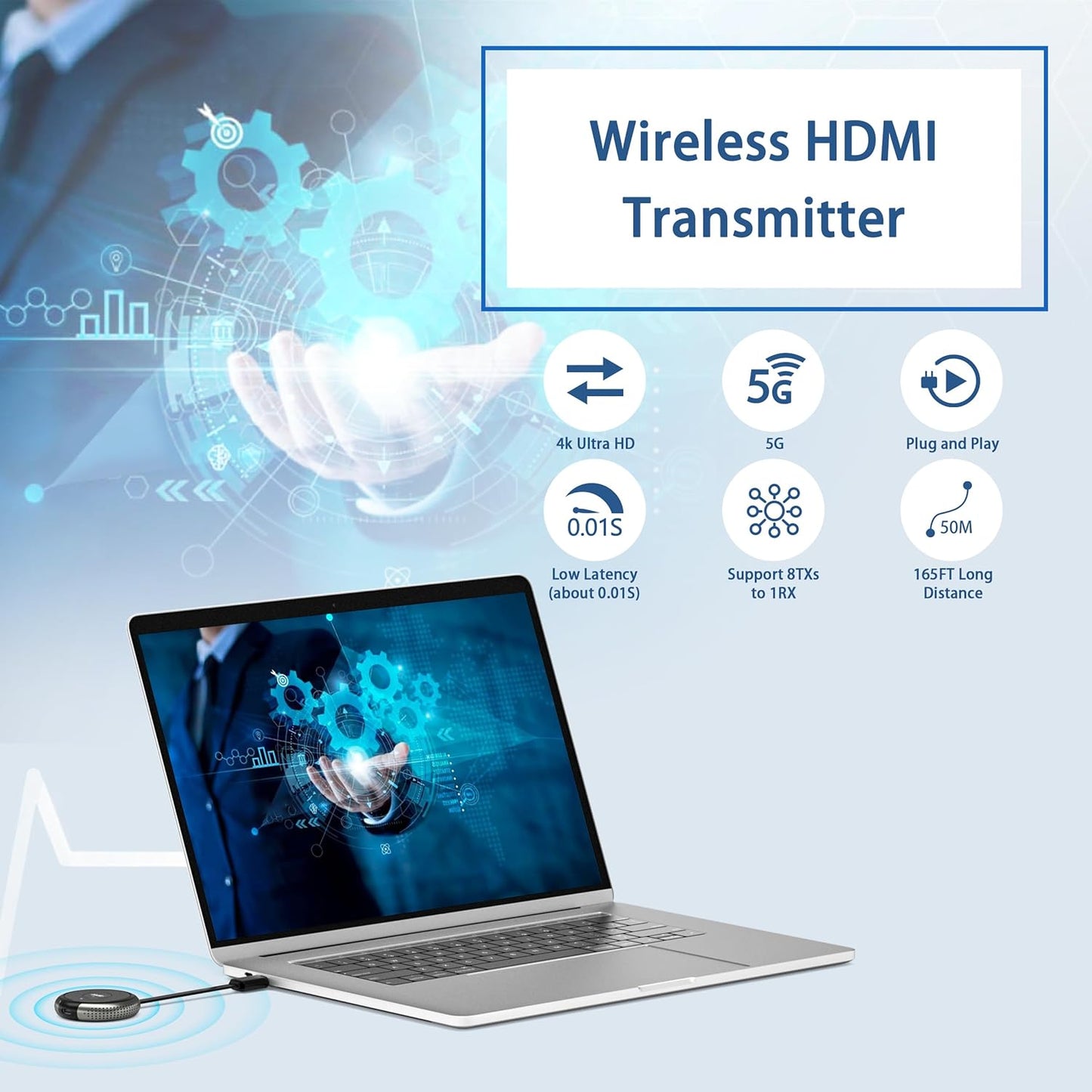 HDMI draadloze Zender en Ontvanger, 4K Draadloze HDMI Extender 5G HDMI Draadloos Overdragen en Ontvanger 50M Afstand met Externe Antenne Streaming Video&Audio voor Laptop, Camera, PC, Projector, TV