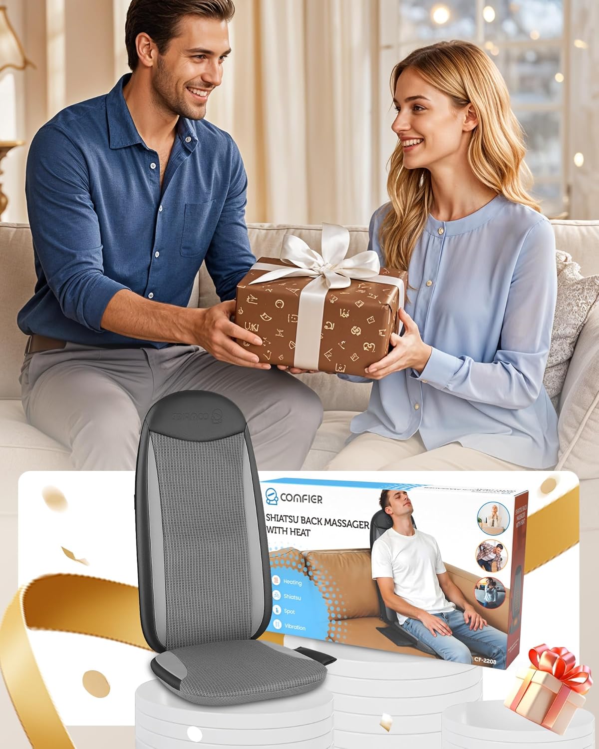 COMFIER Massagestoelkussen, shiatsu massagekussen voor nek en schouders, rugmassageapparaat met warmtefunctie, ontspanning voor de hele rug, geschikt voor kantoor, geschenken