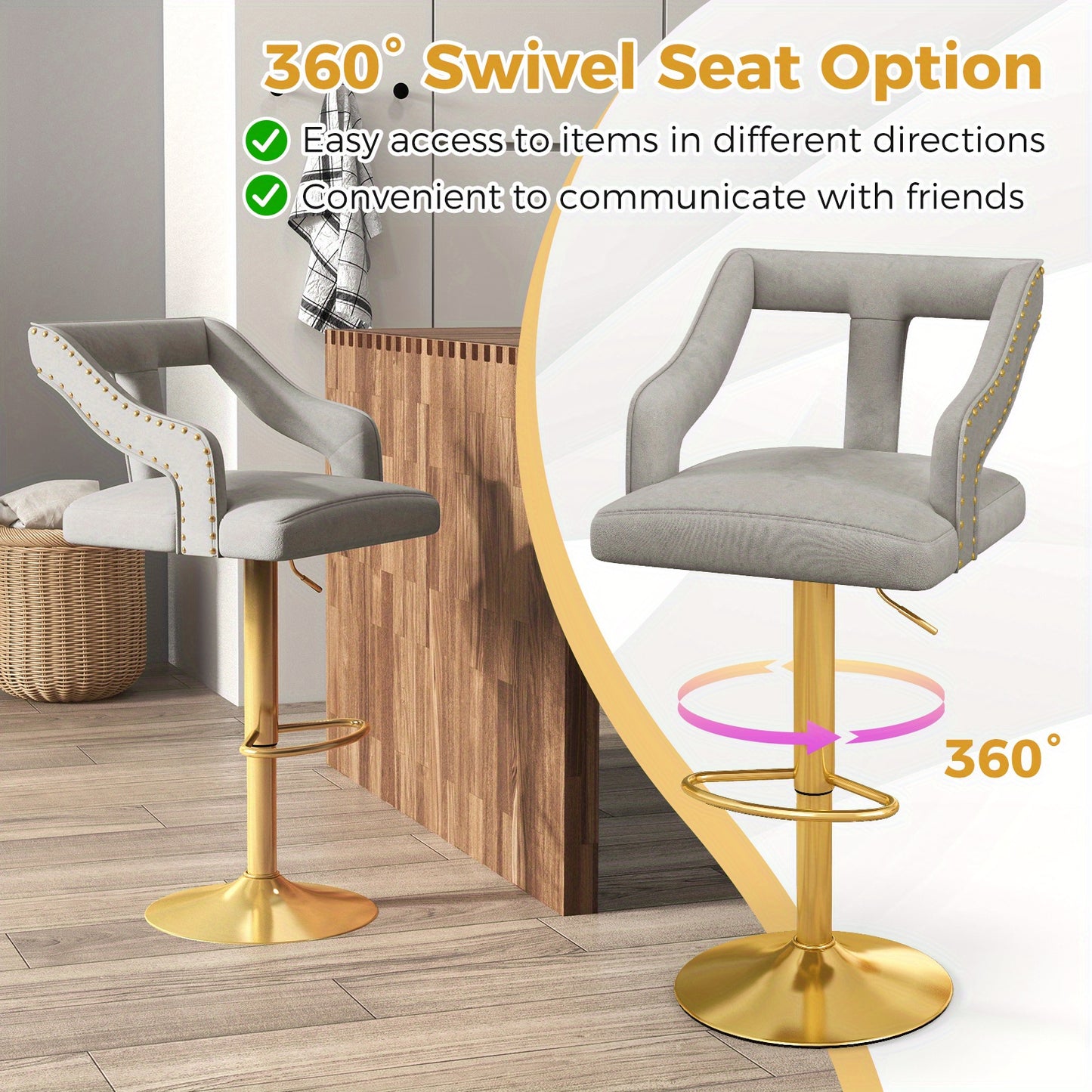 Barstoel – Barkruk – Barstoel Kruk – Keukenstoel – Barstoelen Met Verstelbare Hoogte – 360° Draaibaar – Fluwelen Bekleding – Met Voetensteun