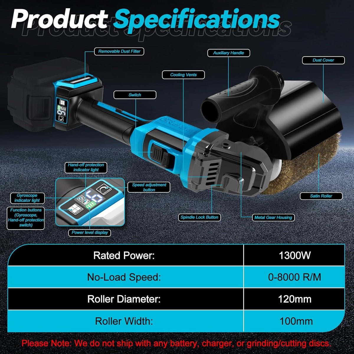 Accu-borstelslijper, compatibel met Makita 18 V, 8000 tpm, borstelloos, 800 W, verbeterde satijnmachine voor buitenrenovaties, 2 waaierborstels en accessoires (zonder accu)