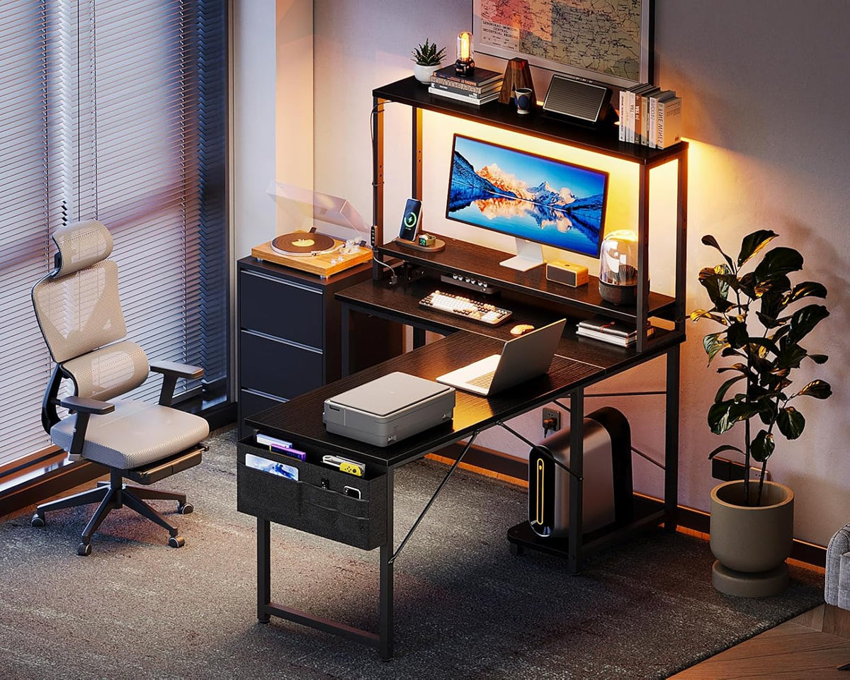 Coleshome L-speeltafel met led en stopcontacten, 110 x 80 cm, omkeerbaar, met opbergplanken, hoekbureau met opbergtas, voor thuiskantoor en games, zwart
