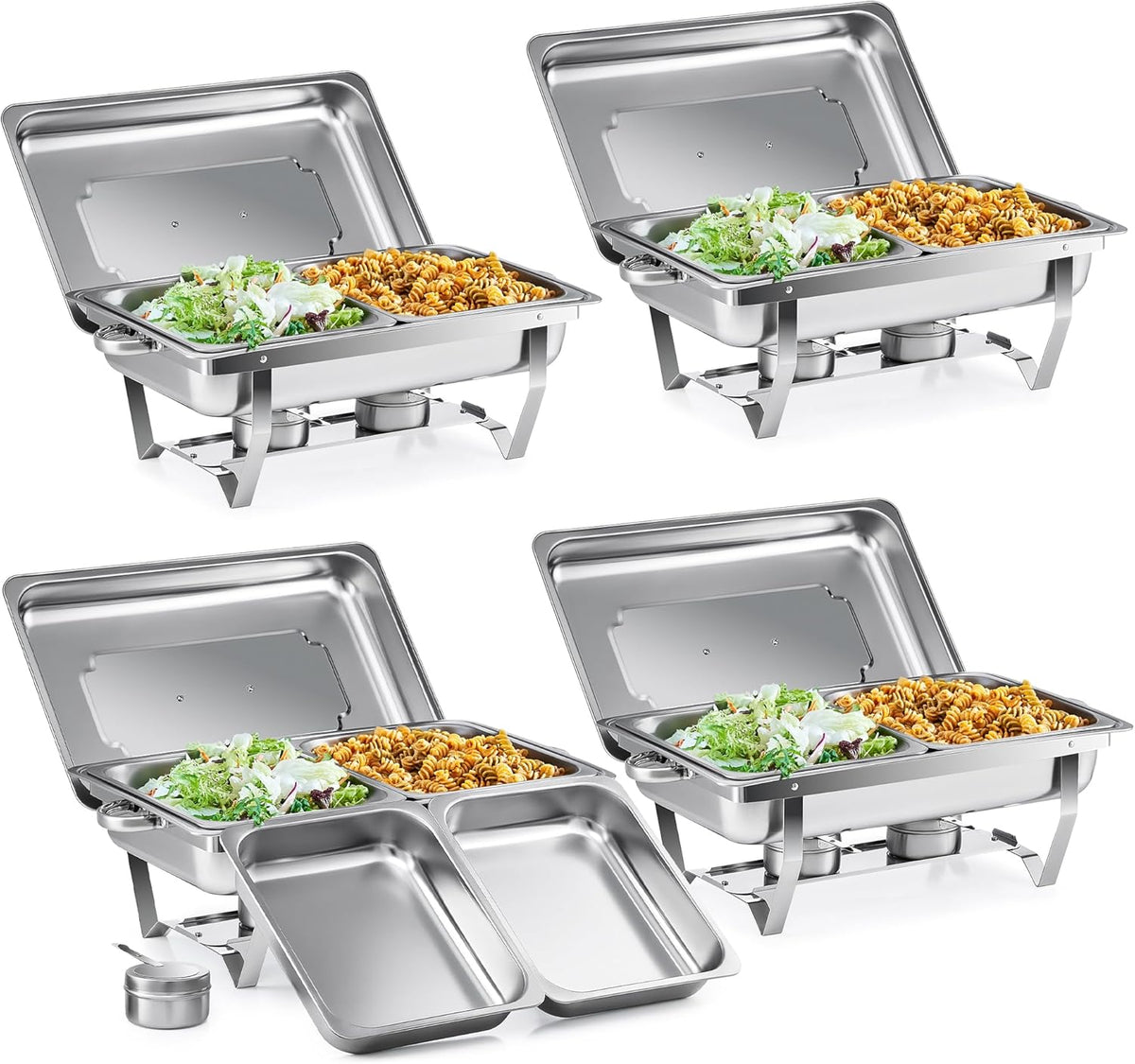 Wilprep Verdeelbakken chafing dish set van 2 bakken GN 1/2 RVS, 4 stuks 9L buffetwarmers met 8 halve maat bakken, brandpasta houders, 4 deksel opvouwbare frames, voor feesten buffetten diners