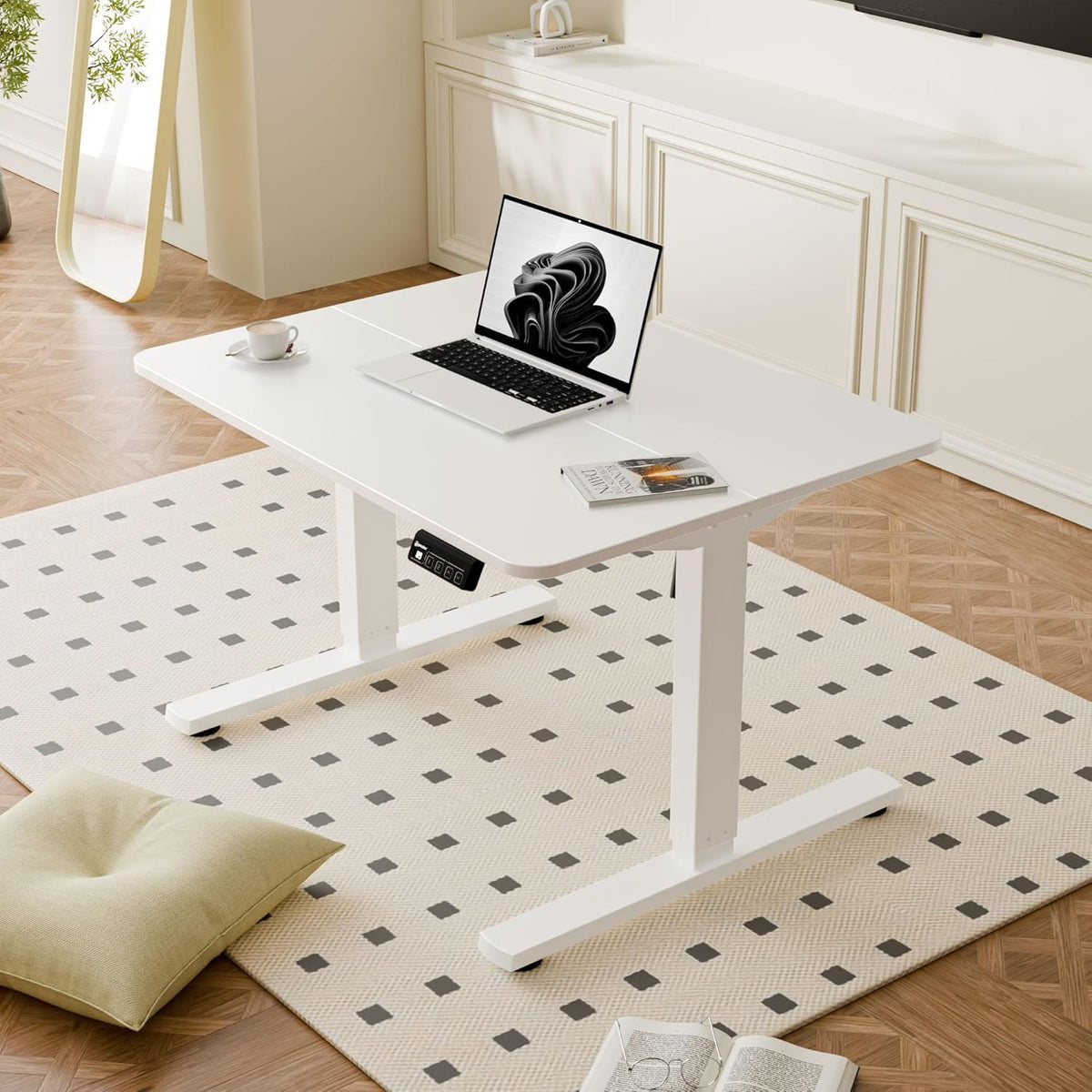 ERGOMAKER Elektrisch sta-bureau 80x60 cm, lage hoogte 48-75 cm, in hoogte verstelbaar bureau met wieltjes en haken, zit-sta-tafel met geheugenfunctie voor thuiswerken, Wit
