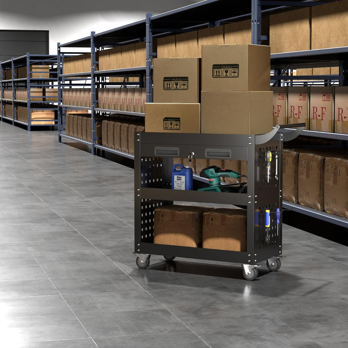 Gereedschapswagen met 3 lagen met afsluitbare lade en pegboard, 4 haken, maximale belasting van 200 kg, multifunctionele gereedschapswagen met geschikt voor werkplaatsen, magazijnen