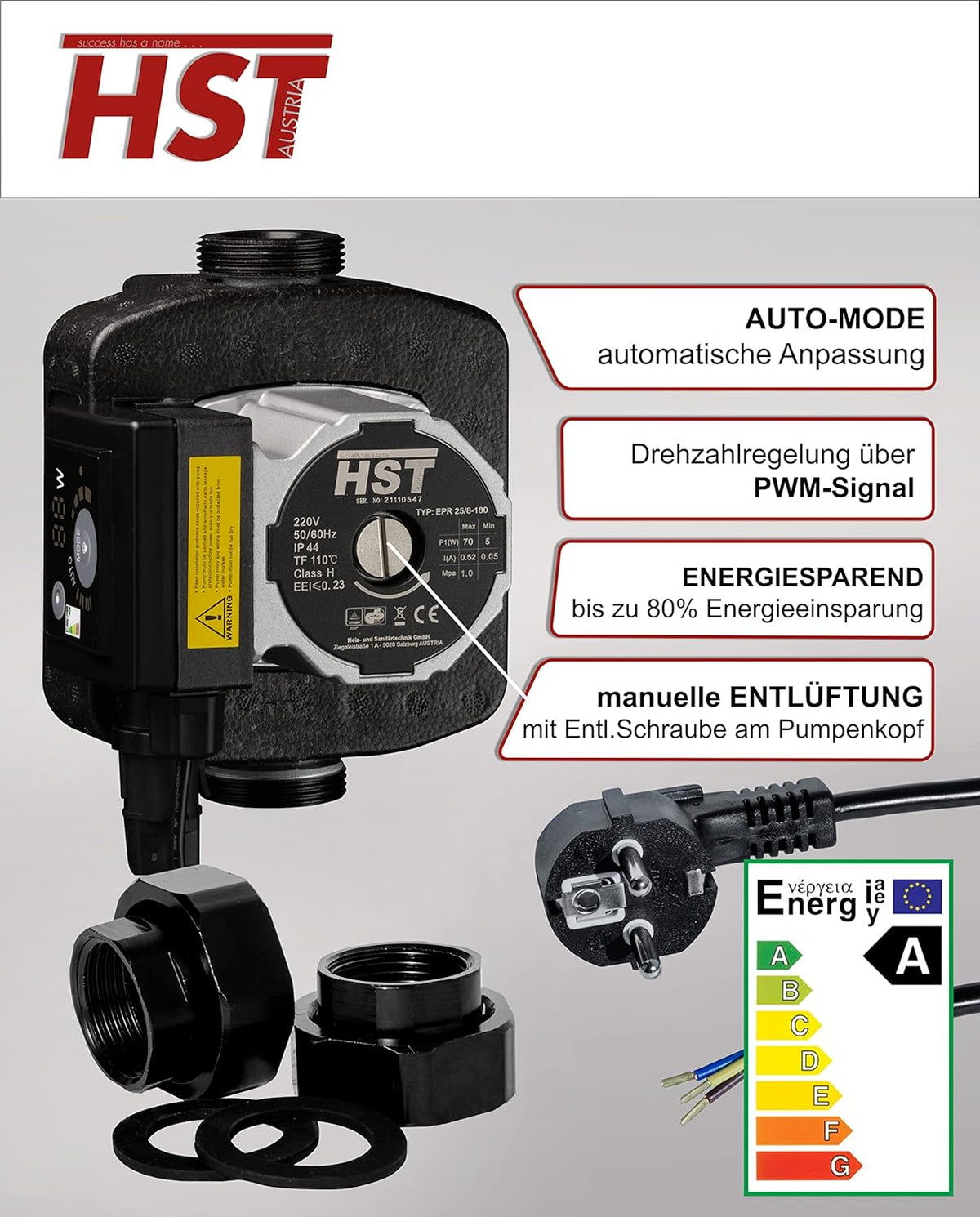 HST | zeer efficiënte verwarmingspomp | circulatiepomp | HST EPR 25-8/180 mm | opvoerhoogte 8 meter | toerentalregeling via PWM-signaal