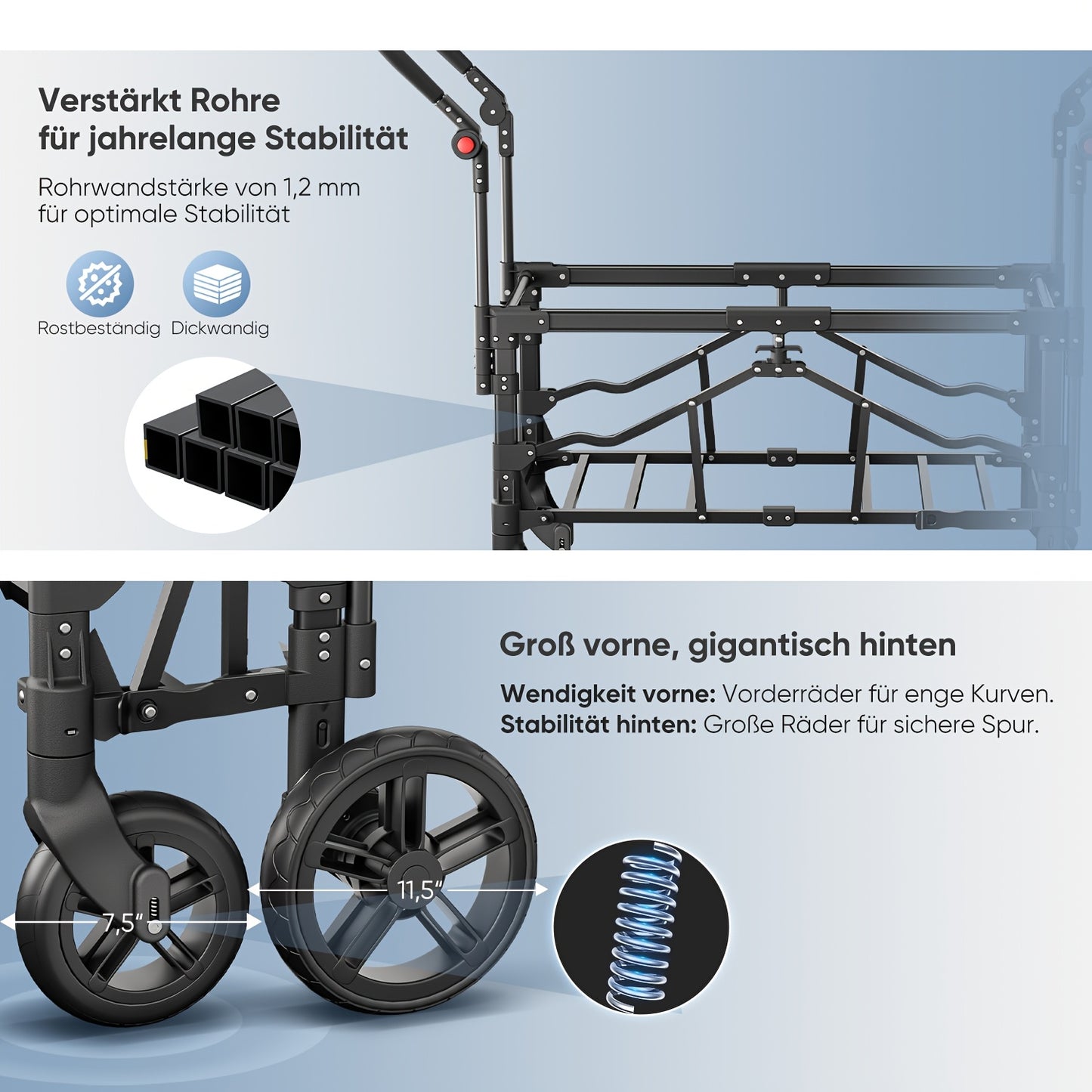 Sekey Handcart, Foldable Handcart with Roof, Handcart with XXL PU Wheels, Suspension & Ball Bearings, Padded & Comfortable, Push And Pull Handle