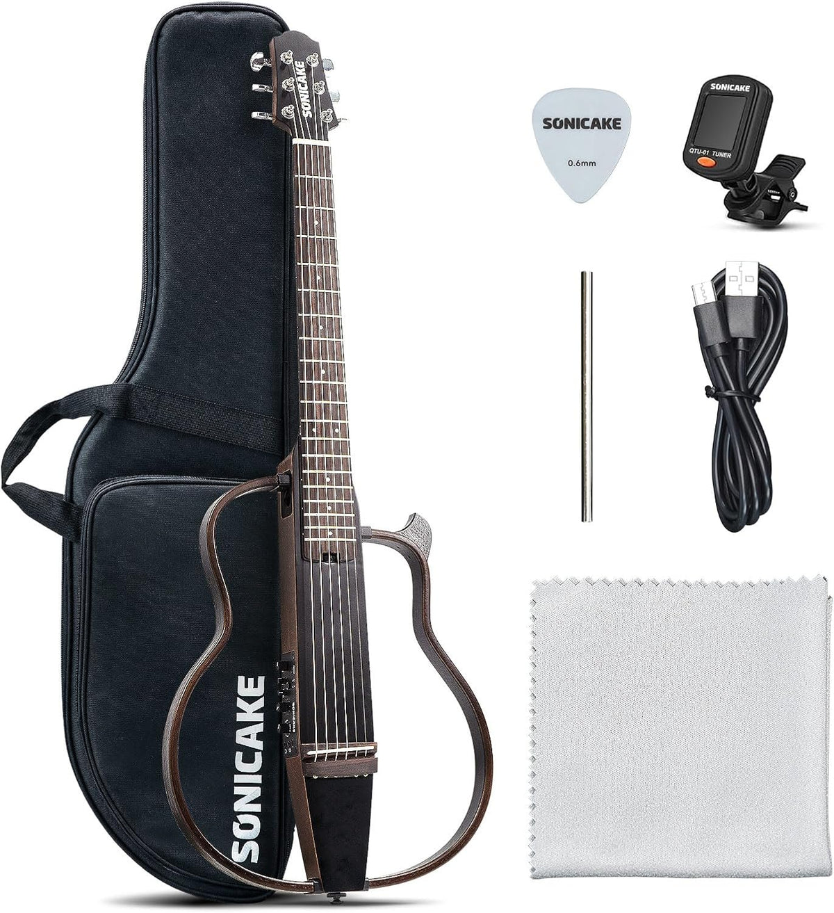 SONICAKE QGT-01 Elektrische akoestische gitaar, draagbare behuizing van massief mahonie, eenvoudig te monteren frame, multi-corpus vorm, sim-preamp, Gigbag en accessoires