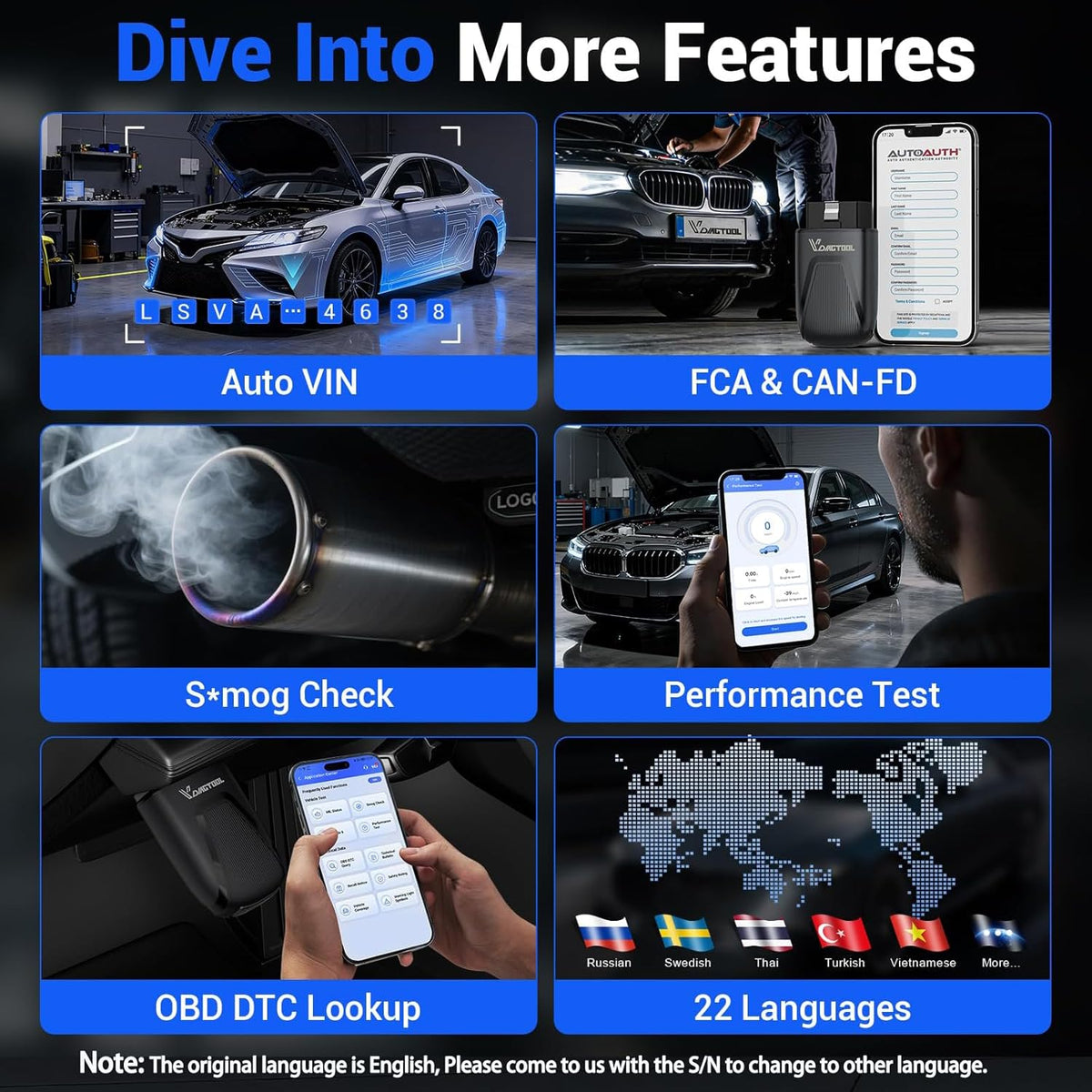 VDIAGTOOL D100 OBD2 Scanner Bluetooth, Alle Systemen Auto Diagnostic Tool Met 17+ Resets, Levenslange Gratis Update Bidirectionele Scan Tool voor Android & iOS, FCA & CAN FD, Draadloze Auto Fout Code
